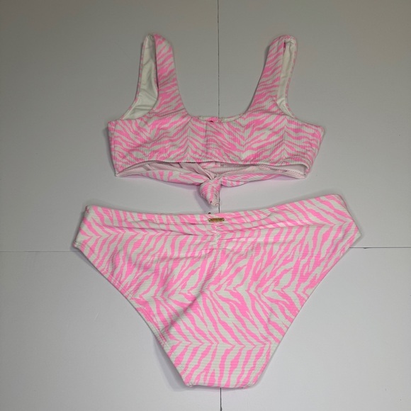 Beach Bunny Pink Zebra Bikini Set – Size M Top & Bottom – Ribbed Tie Front NWOT - Picture 4 of 8